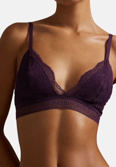 Violetti pitsinen bralette, jossa on V-kaula-aukko, säädettävät olkaimet ja joustava nauha, jossa on "Polo Ralph Lauren" -logon yksityiskohtia.