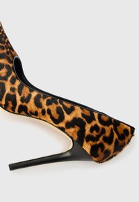 Čevlji s peto v leopardjem vzorcu z dodatki iz črnega lakiranega usnja. Imajo koničast nos in tanek stiletto peto. Z dolgoživim teksturiranim krznom.