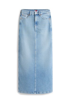 Φούστα μεσαίου μήκους από ανοιχτό μπλε τζιν με εμπρόσθια ραφή, θηλιές για ζώνη, στυλ με πέντε τσέπες και μικρή ετικέτα με λογότυπο στην δεξιά μπροστινή τσέπη.