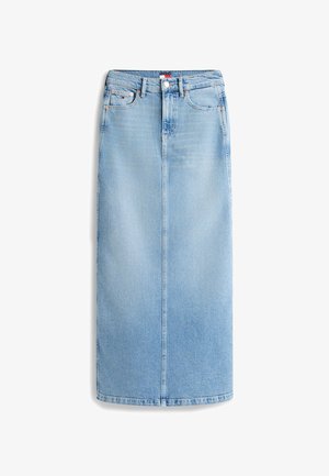 Φούστα μεσαίου μήκους από ανοιχτό μπλε τζιν με εμπρόσθια ραφή, θηλιές για ζώνη, στυλ με πέντε τσέπες και μικρή ετικέτα με λογότυπο στην δεξιά μπροστινή τσέπη.