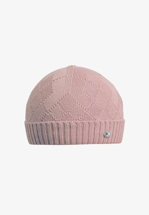 Gebreide muts in zachtroze met een getextureerd diamantpatroon, voorzien van een geribde zoom en een klein logo-accent aan de zijkant.