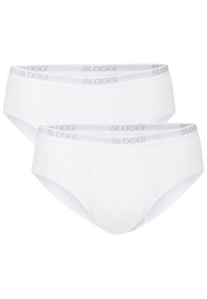 Zwei weiße Herren-Slips mit elastischen Taillenbändern, die den Markennamen "Sloggi" in hellgrauen Buchstaben zeigen.