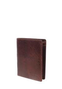 Brown leather wallet with a textured finish, featuring a folded design and embossed branding on the lower front. Compact and rectangular shape.