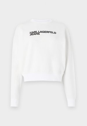 Weißer, kurzer Sweatshirt aus Fleece mit langen Ärmeln und Rundhalsausschnitt. Schwarzer Druck mit "KARL LAGERFELD JEANS" auf der Vorderseite.