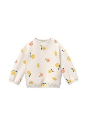 Biała bluza z długim rękawem z wzorem uśmiechniętych żółtych cytryn i pomarańczowych brzoskwiń z zielonymi liśćmi.