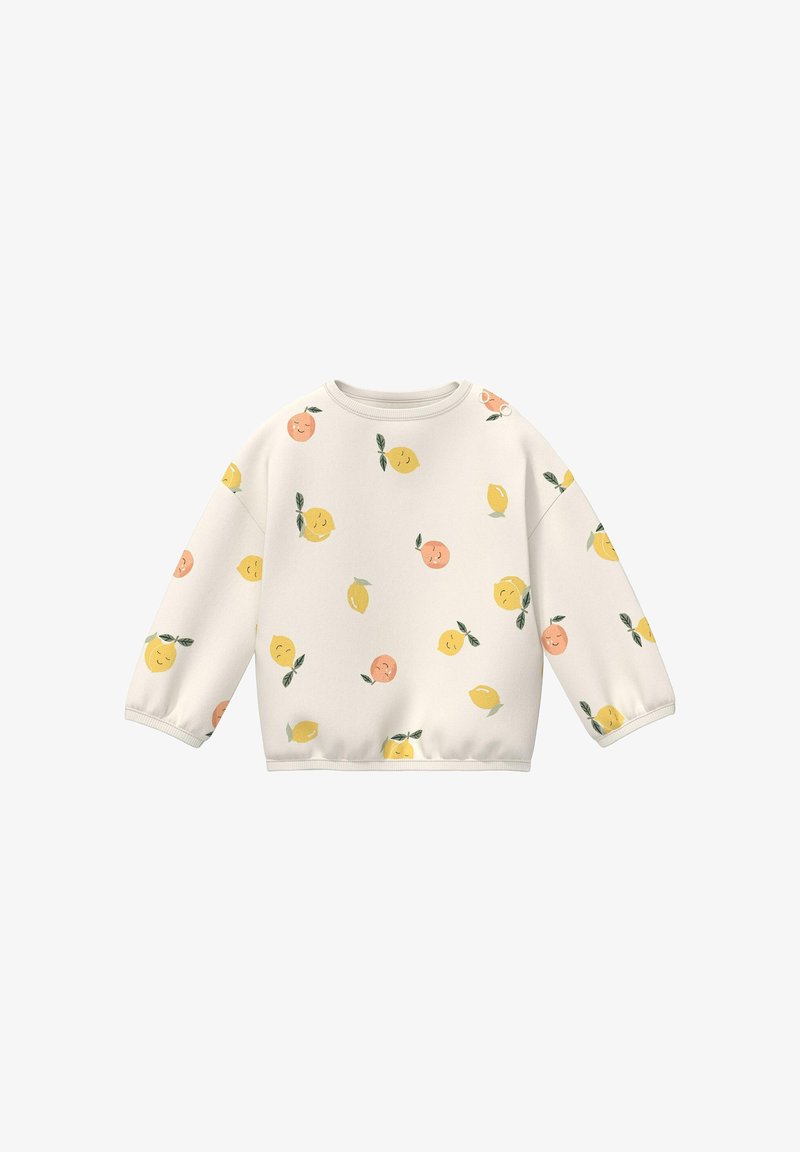 Sweat-shirt blanc à manches longues avec un motif de citrons jaunes souriants et de pêches orange avec des feuilles vertes.