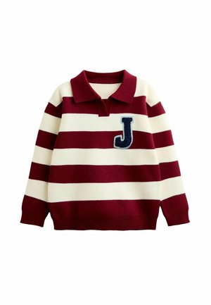 Langärmeliger Rugby-Pullover mit breiten horizontalen burgunderroten und weißen Streifen sowie einem marineblauen J-Patch auf der Brust.