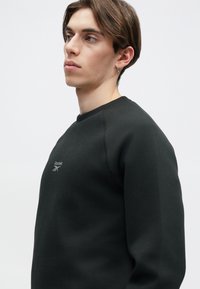 Joven con cabello corto castaño que lleva un sudadera negra de Reebok, mirando hacia la izquierda contra un fondo claro y liso.