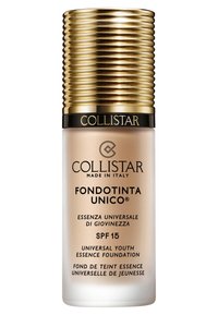 Collistar Fondotinta Unico foundation in a frosted glass bottle with a gold textured cap; labeled with product details and SPF 15.