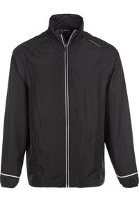 Veste légère noire avec une fermeture éclair frontale complète, un col montant, des poches latérales zippées, des poignets élastiques et des bandes réfléchissantes sur les poignets et les bords de la fermeture éclair.
