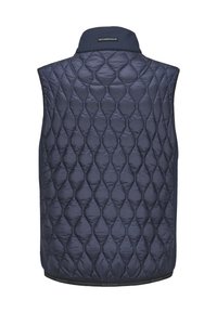 Marineblaue, gesteppte Weste mit hohem Kragen, die ein strukturiertes Stoffdesign und ein Rautenmuster aufweist. Enthält ein Logo am Hals und ein Band am Saum.