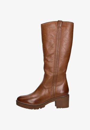 Brown leather knee-high boot with textured finish, block heel, and side seam detailing. Features a rounded toe and thick sole.