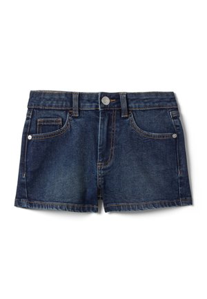 Short en jean bleu foncé avec bouton à l'avant, passants pour ceinture, deux poches avant et une poche à monnaie, posé à plat sur fond blanc.