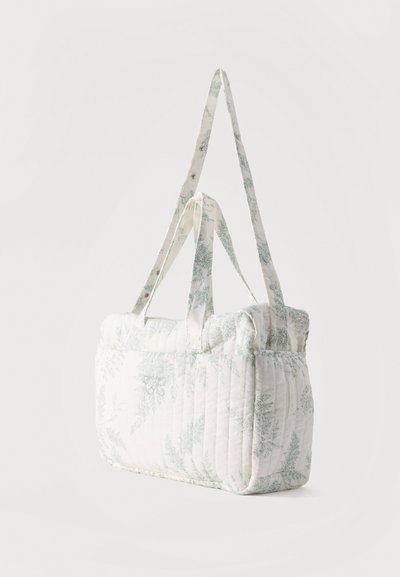 Ruutuvöötidega valge ristkülikukujuline käekott helerohelise botaanilise mustriga, kahe lühikese käepidemega ja ühe pika reguleeritava õlarihmaga.