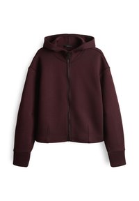 Bordeaux rits hoodie met een capuchon, gemaakt van zacht materiaal, met een relaxte pasvorm, verlaagde schouders en zijsplitten aan de onderkant.