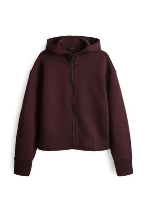 Burgunderfarbene Reißverschluss-Hoodie mit Kapuze, aus weichem Stoff, mit lässiger Passform, herunterhängenden Schultern und seitlichen Schlitzen am Saum.