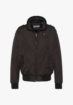 Veste bomber noire zippée avec poignets et ourlet côtelés, poches à rabat et col montant, estampillée du logo Schott sur la poitrine et à l'intérieur du col.