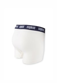 White cotton boxer shorts featuring a navy blue waistband with "sigikid" printed in white. Smooth texture and form-fitting design.