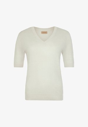 Kremowy sweter z krótkim rękawem i dekoltem w serek, ze ściągaczami na rękawach i u dołu, prezentowany na jednolitym białym tle.