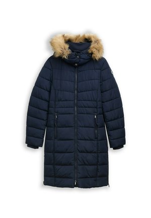 Navy puffer coat with a detachable faux fur hood, quilted design, two side zippered pockets, and a front zipper closure.