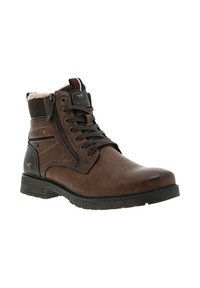 Bottes basses en cuir marron avec une finition texturée, dotées de lacets, d'une fermeture éclair latérale et d'une doublure en fausse fourrure en haut. Semelle en caoutchouc.