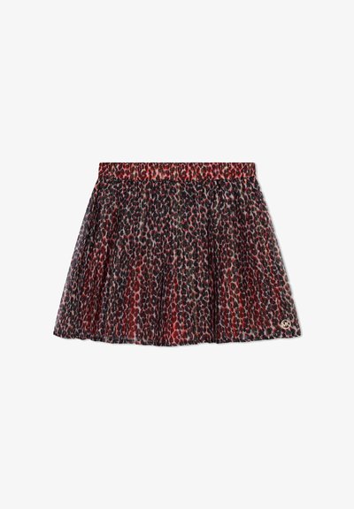 Jupe courte plissée avec un motif léopard rouge, noir et beige. Dispose d'une taille élastique et d'un petit logo au niveau de l'ourlet.