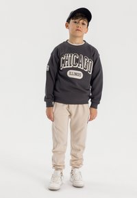Grijze sweatshirt met de opdruk "Chicago" en "Illinois", beige sweatpants, witte sneakers en een zwarte pet. Zacht, casual ontwerp, relaxte pasvorm.