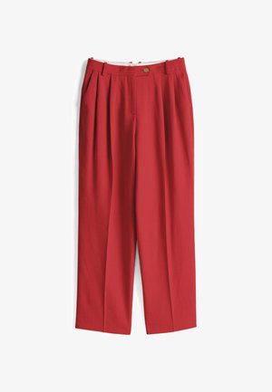 Red, wide-leg trousers with a smooth texture, featuring front pleats, a button closure, and a classic, tailored design.