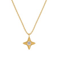 Zlatna ogrlica s privjeskom u obliku zvijezde s prozirnim središnjim dragim kamenom, visi na tankom lancu. Glatka tekstura s poliranim završetkom.