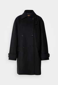 Cappotto doppio petto in lana nera con collo a revers, grandi bottoni, tasche laterali e dettagli sui polsini. Texture liscia e design minimale.