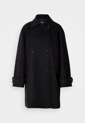 Černý vlněný dvouřadý kabát s klopovým límcem, velkými knoflíky, bočními kapsami a detaily na rukávech. Hladká textura a minimalisticý design.