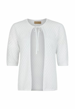 Hvid strikket cardigan med halværmer, diamantmønstret struktur, åben front og bindelukning ved halsudskæringen.