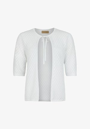 Hvid strikket cardigan med halværmer, diamantmønstret struktur, åben front og bindelukning ved halsudskæringen.