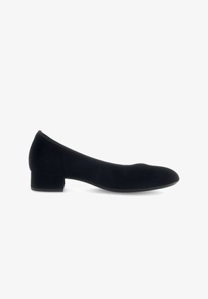 Schwarzer Damenpumps aus Veloursleder mit niedrigem Blockabsatz und abgerundeter Spitze, seitlich auf weißem Hintergrund dargestellt.