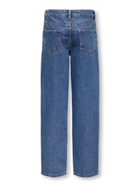 Blå denimjeans med hög midja, raka ben och två bakfickor. Har en ren finish med synliga sömmar längs sömmarna.
