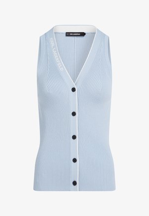 Jasnoniebieski, prążkowany bezrękawnik na guziki z dekoltem w serek, białą lamówką i czarnymi guzikami z przodu. Logo marki przy karku.