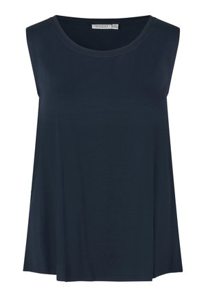 Mouwloze donkerblauwe top, gemaakt van zachte stof. Heeft een ronde halslijn en een losse pasvorm met een rechte zoom.
