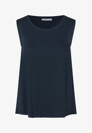 Mouwloze donkerblauwe top, gemaakt van zachte stof. Heeft een ronde halslijn en een losse pasvorm met een rechte zoom.