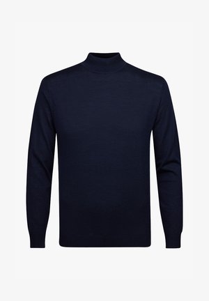 Marineblauer Rollkragenpullover aus weichem Strickmaterial, mit langen Ärmeln und schlanker Passform. Keine Muster oder sichtbaren Beschläge.