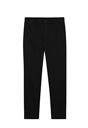 Pantaloni neri su misura con chiusura a bottone, passanti per cintura e gamba dritta slim, esposti su uno sfondo bianco.
