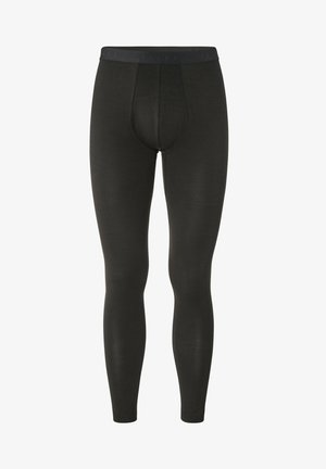 Black long johns made of soft fabric with a fitted shape. Features an elastic waistband with brand name and a contour pouch for support.