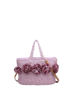 Borsa tote tessuta viola chiaro con due manici, decorata con sei pon pon viola scuro e bianchi e una tracolla regolabile marrone.