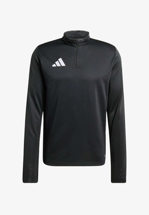 Fekete, hosszú ujjú pulóver, magas gallérral, negyedcipzárral és fehér Adidas logóval a bal mellen. Simaszerű, könnyű anyag.