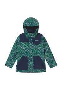Green and navy patterned jacket with a hood, featuring a geometric design, two front pockets, and a logo on the chest area.