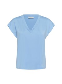 Lichtblauwe blouse met korte mouwen en een V-hals. Gemaakt van gladde stof, met een losse pasvorm en zachte draping. Geen patronen of versieringen.
