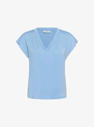 Blouse bleu clair à manches courtes avec un décolleté en V. Fabriquée en tissu doux, elle présente une coupe décontractée et un joli tombé. Sans motifs ni embellissements.