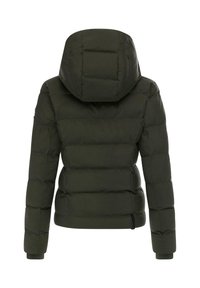 Mörkgrön puffjacka med huva, med kviltade sektioner och långa ärmar. Slät textur med en figurnära design och dragkedjestängning.