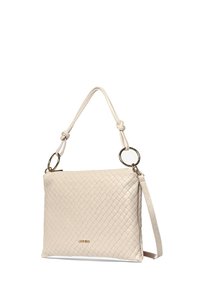 Beige geflochtene Leder-Handtasche mit glatter Textur, abnehmbarem Tragegurt, Beschlägen in Goldfarbe und einem Reißverschluss.