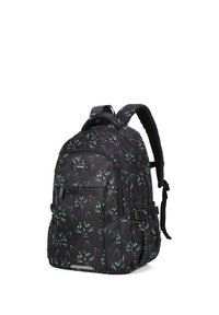 Zaino nero con motivo a faccia di gatto verde e bianco, spallacci regolabili e imbottiti, manico superiore e diversi scomparti con zip.