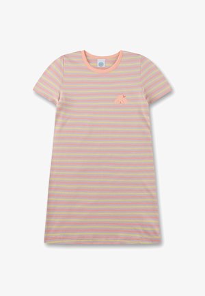 Kurzes Kleid mit kurzen Ärmeln in pastellfarbenen Streifen von Rosa, Gelb und Lila, das ein kleines gesticktes Pudel-Motiv auf der Brust und einen runden Ausschnitt aufweist.